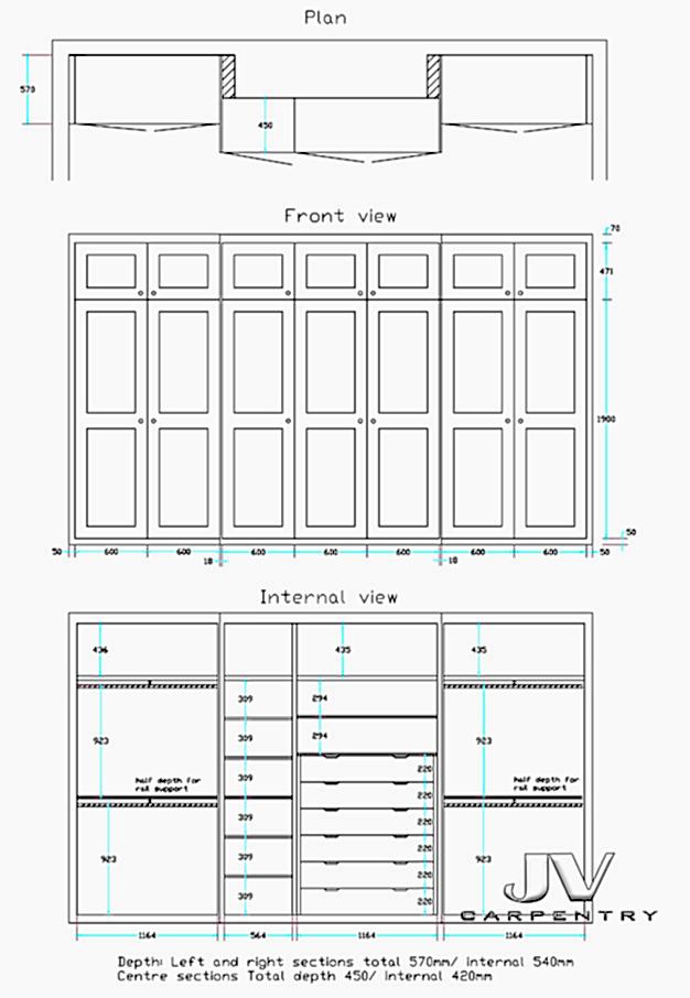 Drawing and plan of the Fitted alcove wardrobes and wardrobes around chimney.