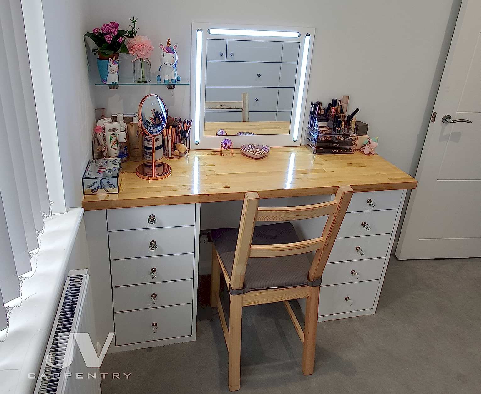 made-to-measure dressing table with fitted mirror and wooden counter top